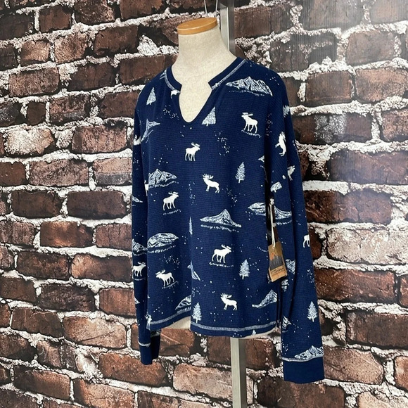 PJ Salvage Pajama Top Women's Large Navy Blue NWT Moose Long Sleeve Waffle Knit - Picture 6 of 13